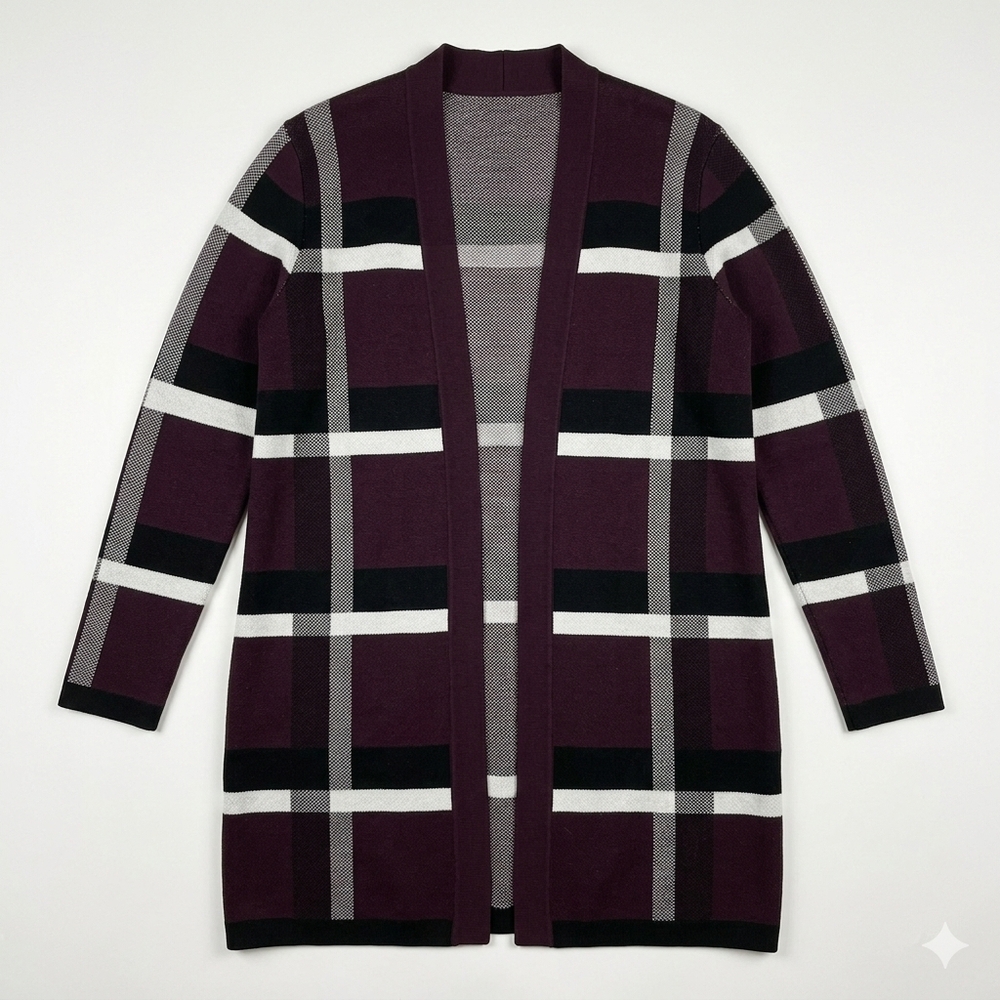 Elle Women's L Plaid Sweater Coat Purple Black White #132 Office Wear